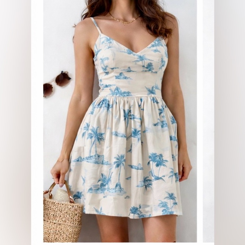 Gianni Bini X DANNIJO Blue Beige Linen Blend Sweetheart Neck Fit & Flare Dress 4